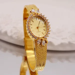 2026 Vintage Style Women Watch Elegant 18k Gold Plated Luxury Quartz Watch with Rhinestones for Women Retro Brass Small Dial