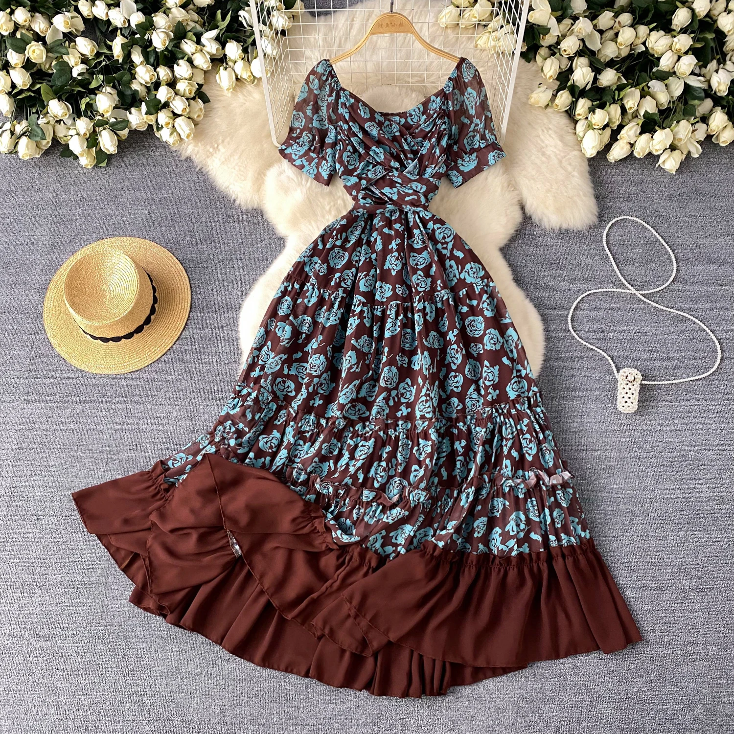 chinese dress ladies Fairycore Lace Strapless Top & Maxi Skirt Two Piece Set