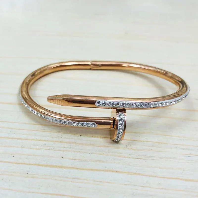Designer Inspired Jewelry Branded Non Tarnish 18k Pvd Gold Plated Stainless Steel Cz Diamond Nail Bangle Bracelet  for Women