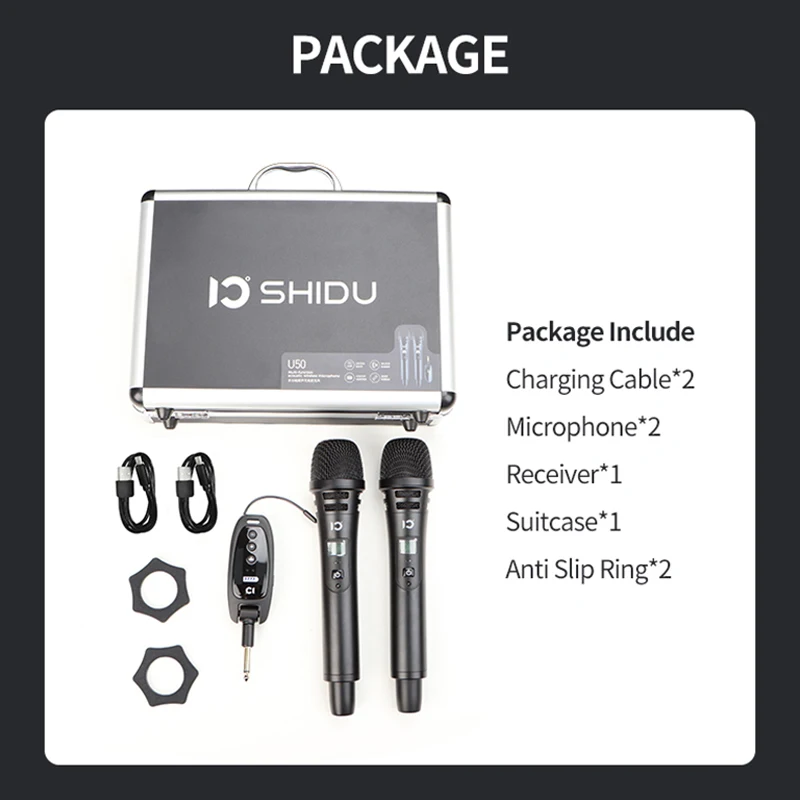 SHIDU U50 Double Wireless UHF Wireless  Handheld Microphone  with Rechargeable  Receiver Apply to Any MIC Input Audio Device