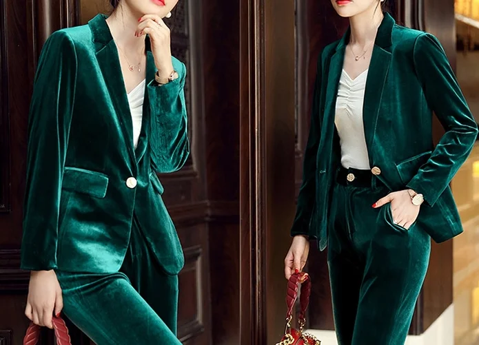 Fashion Zipper Open Velvet Casual Two -piece Suit