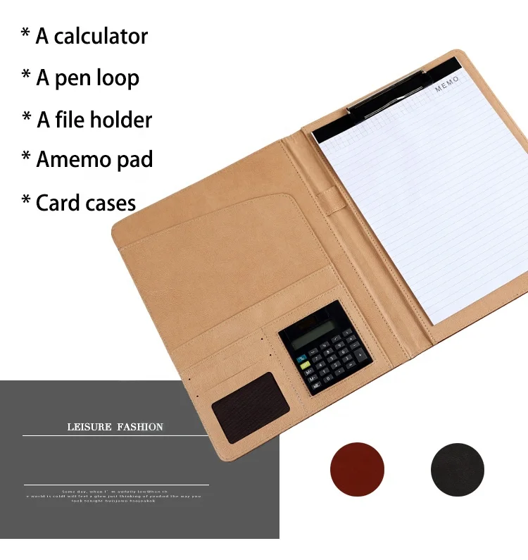 Faux Leather Embossed Note Pad A4 Holder Sleeve Memo Diary Conference Folder Standard Padfolio with Calculator