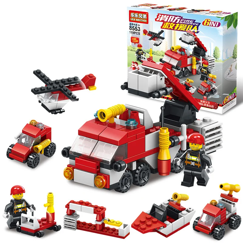 NEW 6-In-1 Fire Brigade Set Mini Block Fire Truck Cart Helicopter Pilot Station Model Toys Building Block Set Toys for Children