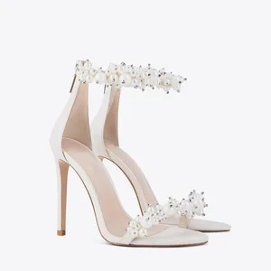 New Design Formal Parliament Women's High Heel Sandals Open Toe Wedding Shining Pearl Shoes Frenulum Narrow Strap for Ladies