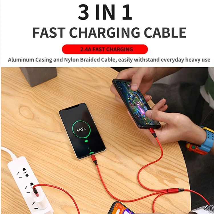 USB Cable Aluminum Nylon 3A For Iphone Android Type C 3In 1 Usb Fast Charging Usb Cable