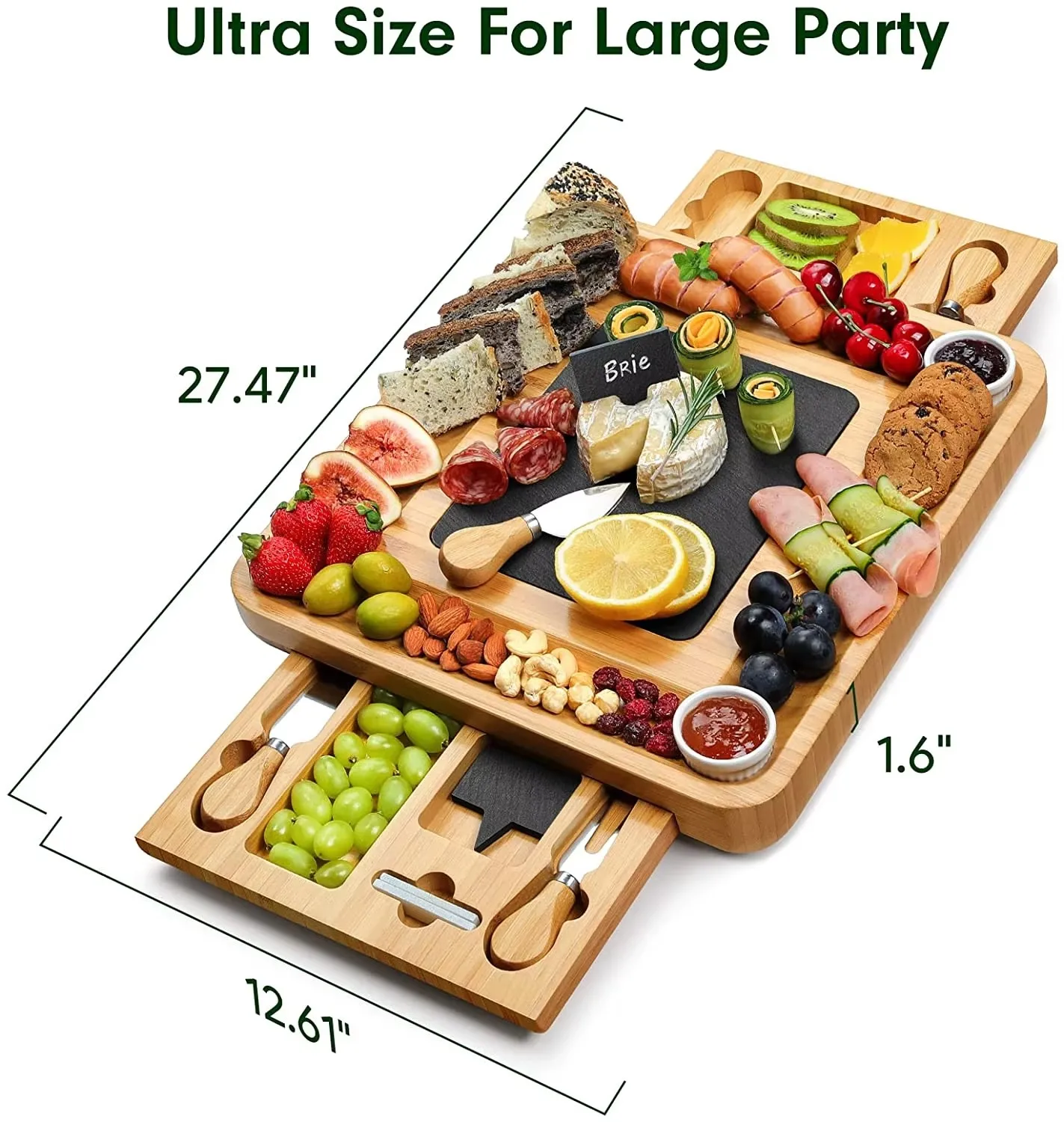 product bamboo cheese board with knife set slate board wood christmas charcuterie board with 2 drawers-3