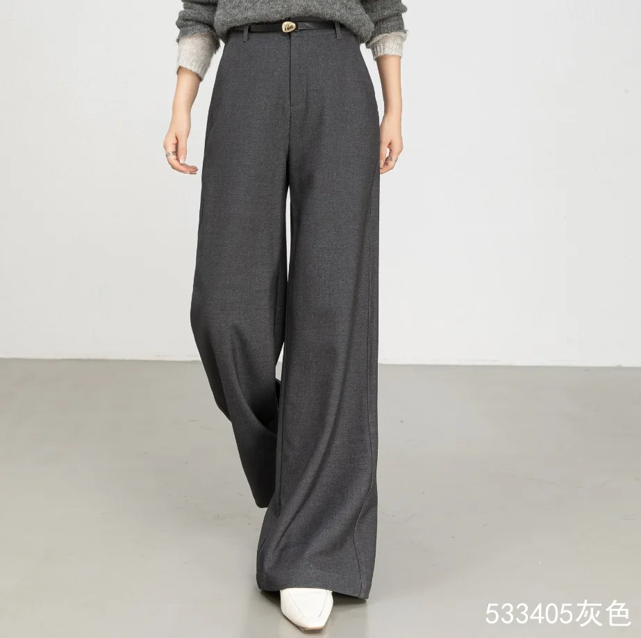 Lady's High-Waisted Wide-Leg Fall/Winter Office Pants-Breathable Plain Dyed Solid Color Long Straight-Leg Style for Women