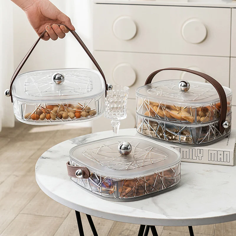 Handle Lid Tray with Divided Serving Platter for Party Nuts Candies Fruit and Cookies-Durable Plastic Dried Fruit Snack Tray