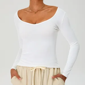 Long Sleeve V Neck Breathable Ribbed Quick Dry Workout No Padding Custom Logo Gym Sports Fitness Yoga Top
