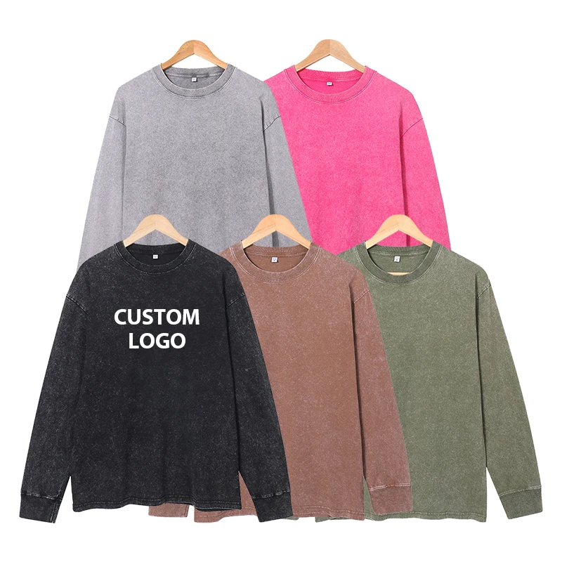 High Quality Street Wear O Neck Heavy Long Sleeve T Shirt Plus Size Men'S Vintage Acid Wash Long Sleeve  T-Shirt for Men