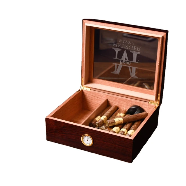 Personalized Cigar Gift Box Custom Wood Humidor Folding Wooden Ashtray Black Cigar Lighter Glass Top Humidor for Him