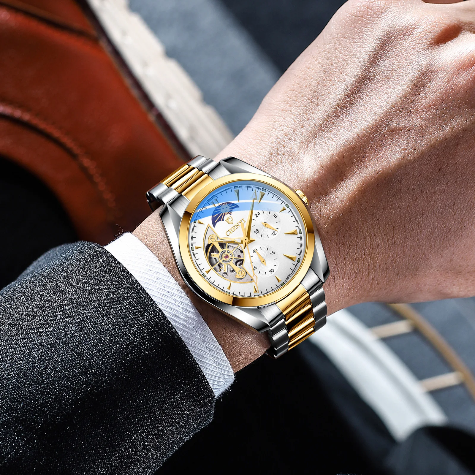 CHENXI Watch 8801 Slim Business Watches Men Wrist Luminous Clock Tourbillon Mechanical Wristwatches Men Watch Reloj Herrenuhr