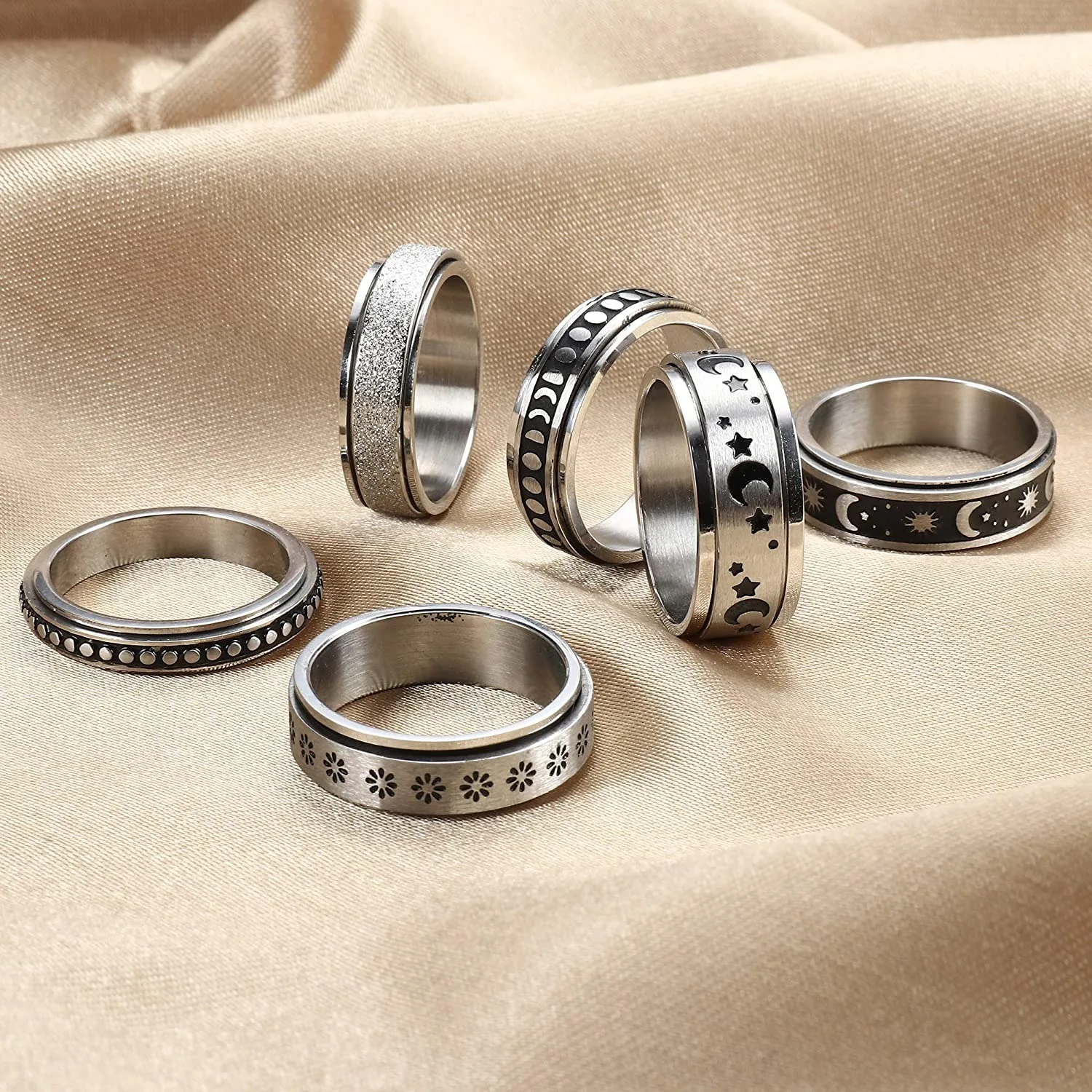 Legenstar Stainless Steel Spinner Rings for Women Men Fidget Band Rings Sun Moon Star Meditation Worry Ring for Stress Relieving