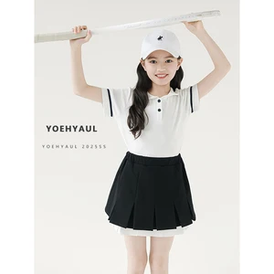 YOEHYAUL CD1166 White Big Girls T-shirts Polo Shirts for Children Short Sleeve Summer Teenager Polo Kids T Shirt