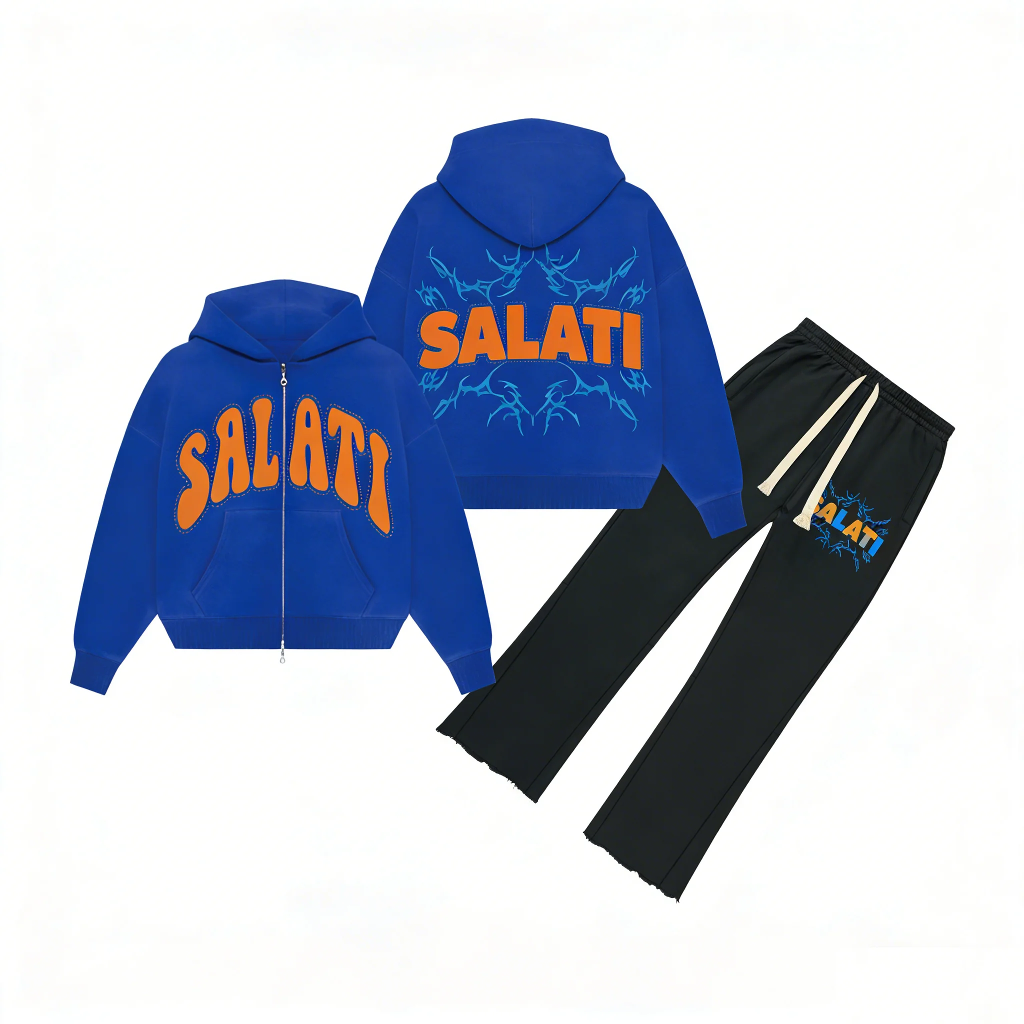 SALATI Custom Rhinestone Hoodie Men Oversized Cropped Acid Wash Zip up Distressed Vintage Sweatpants and Hoodie Set gallery 4
