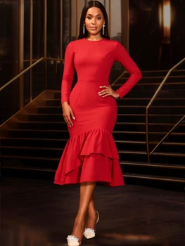 AM050914 AOMEI Latest Gowns Long Sleeve Red Evening Mermaid Dress Women