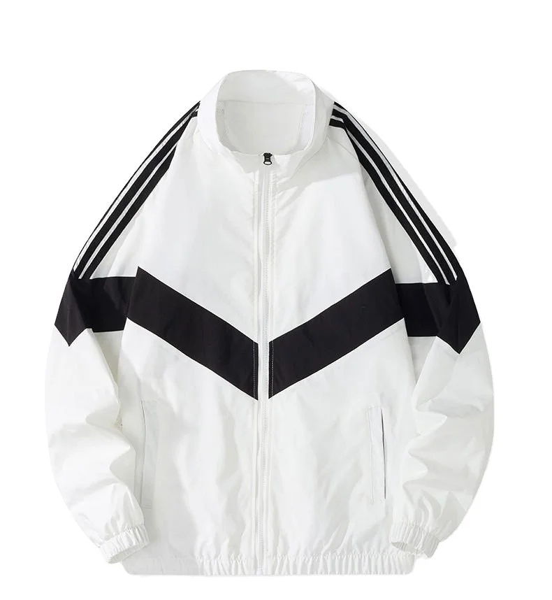Three-striped color-blocked stand-up collar windproof jacket, unisex casual sportswear.
