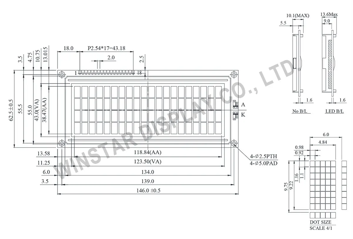 20x4 LCD Module - Winstar WH2004L - 5V Blue Screen Display
