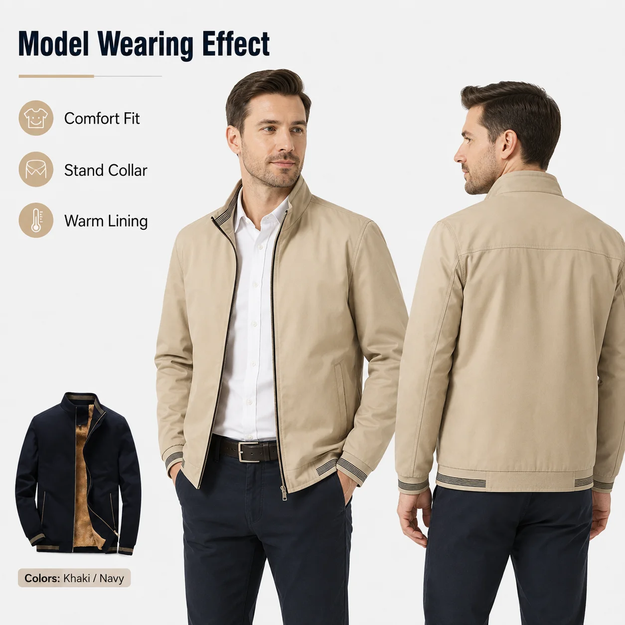 New Men's Casual Fleece-Lined Youth Stand Collar Zipper Washed Bomber Jacket for Men