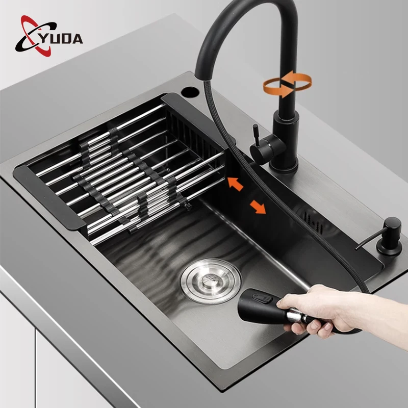 Multifunction Workstation Waterfall Kitchen Sink Topmount Kitchen Sink Single Bowl Black Handmade Kitchen Sink