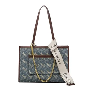 High Quality PU Tote Bag Blue Carriage Printed Casual Use for Summer Autumn Waterproof Open Chain Factory Wholesale Price