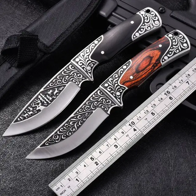 Portable Straight Knife with High Hardness D2 Blade Wood Handle for Wilderness Survival Outdoor Hunting for Foreign Trade Export