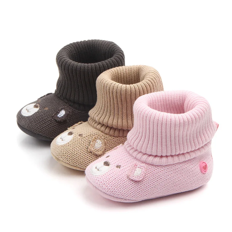 Unisex Cute Bear Pattern Chunky Wool Knit Socks Shoes Solid Color for Autumn and Winter