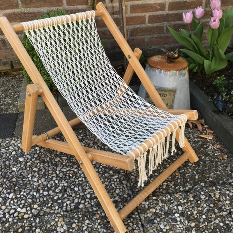 Outdoor Bali Bohemia Design Macrame Handmade Beach Chair Folding Wooden  Lawn Patio Curvy Chair
