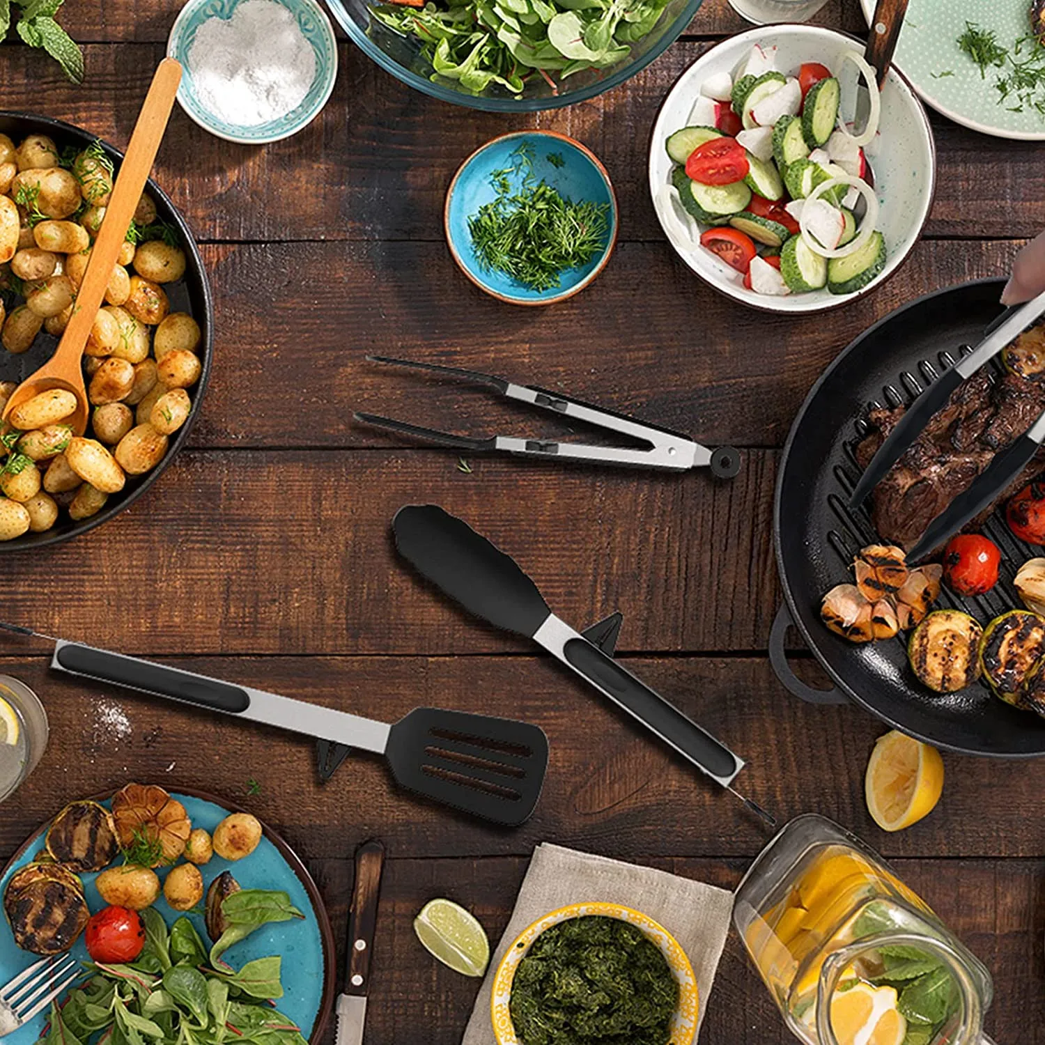 Non-Stick Silicone Food Tongs with Wood Grip Kitchen Cooking Tongs Custom Utensils Set for Baking BBQ USSE Brand Model USSE205 supplier