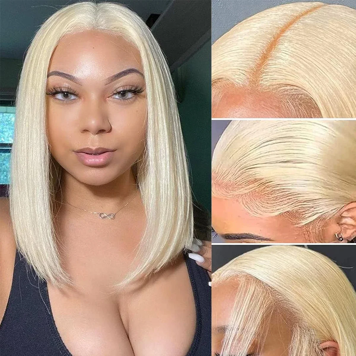 613 Honigblond Kurze Bob-Perücke Echthaar-Perücken für Frauen Brasilianisches Remy-Haar Gerade T-Teil Lace Frontal-Perücke 180 Dichte_voghion.com