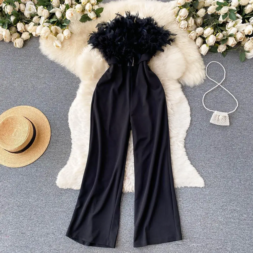 Luxury Feather Tassel Tube Top Jumpsuit Women High Waist Slimming