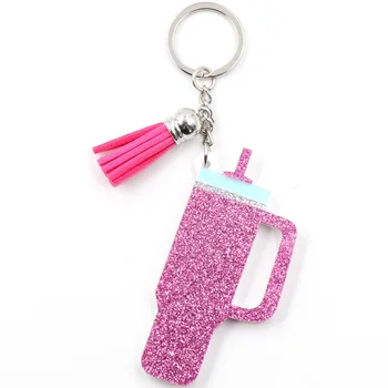 Cute Glitter Acrylic Keychain in Tumbler Shape Holiday Party Favor Car Key Pendant with Ring Bag Charm for Graduation