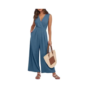 Women's 2025 Loose-Fitting Elegant V-Neck Backless One-Piece Romper Solid Pattern Jumpsuit for Dressy Casual Summer Outfits