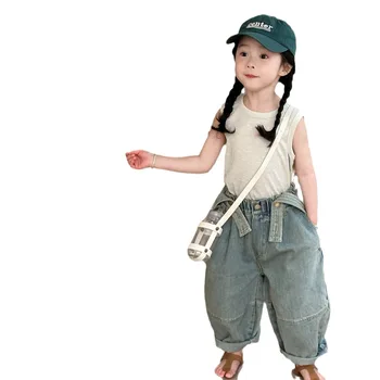 2024 Summer New Product Baby Girls Pants Retro Splicing Denim Overalls Kids Trousers Girls Fashionable Carrot Pants