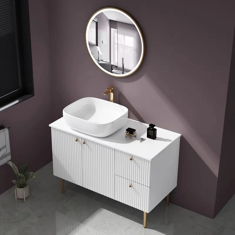 Custom Modern Design Fluted Stripe Plywood Sintered Stone Counter Bathroom Vanity Unit with Ceramic Basin