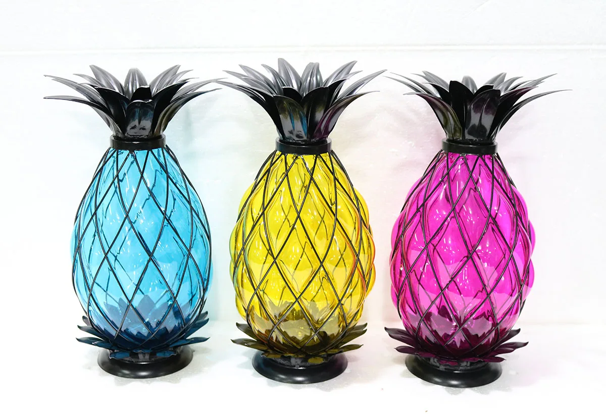 Vintage Moroccan Style Glass Wrought Iron Pineapple Hurricane Lantern