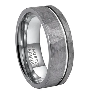 Coolstyle Jewelry 8mm Hammered Offset Line Tungsten Carbide Ring for Men Women Fashion Engagement Wedding Band Comfort Fit