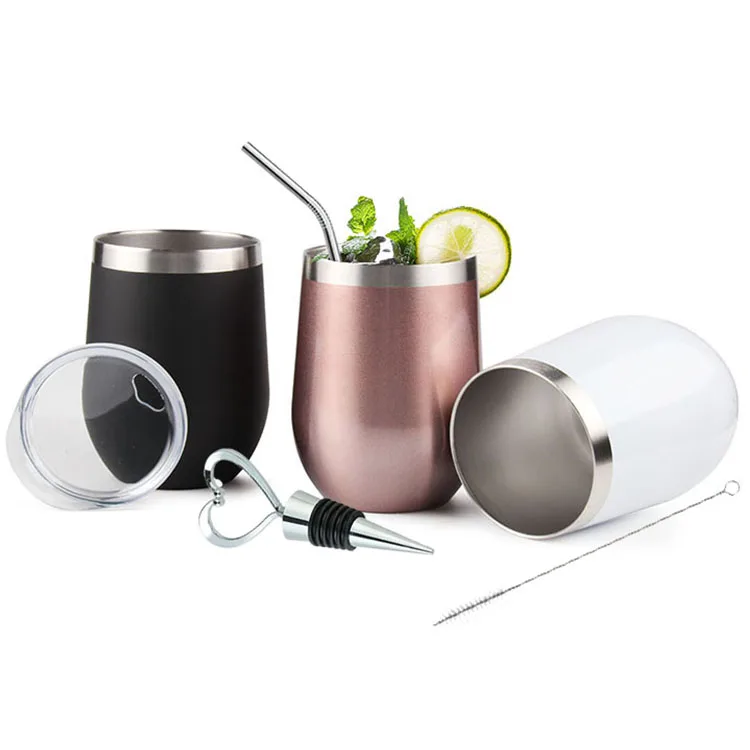 Travel Coffee Mug Cup with 2 Straws 2 Brush for Wine Drinks 2 Pack Wine Tumbler with Lids Champagne 12 oz Double Wall Vacuum Insulated Stainless Steel Stemless Wine Glass Black Cocktails 