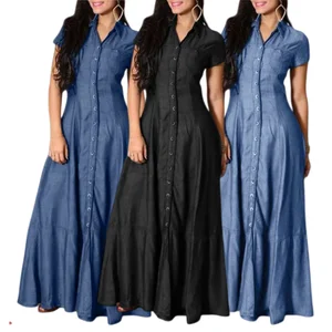 Y7026 Latest Design Plus Size Denim Dresses Shirt Collar A-line Short Sleeve Long Dresses Women Casual Jeans Dress With Pocket