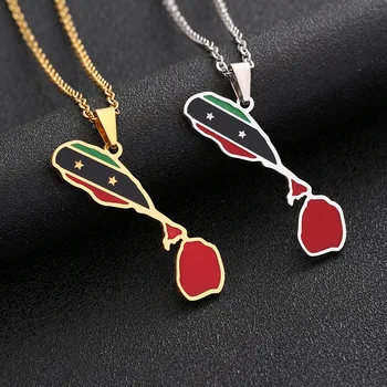 Enameled Saint Kitts and Nevis Map Chain Necklaces Stainless Steel 18K Gold Plated Enamel National Flag Map Pendant Necklace