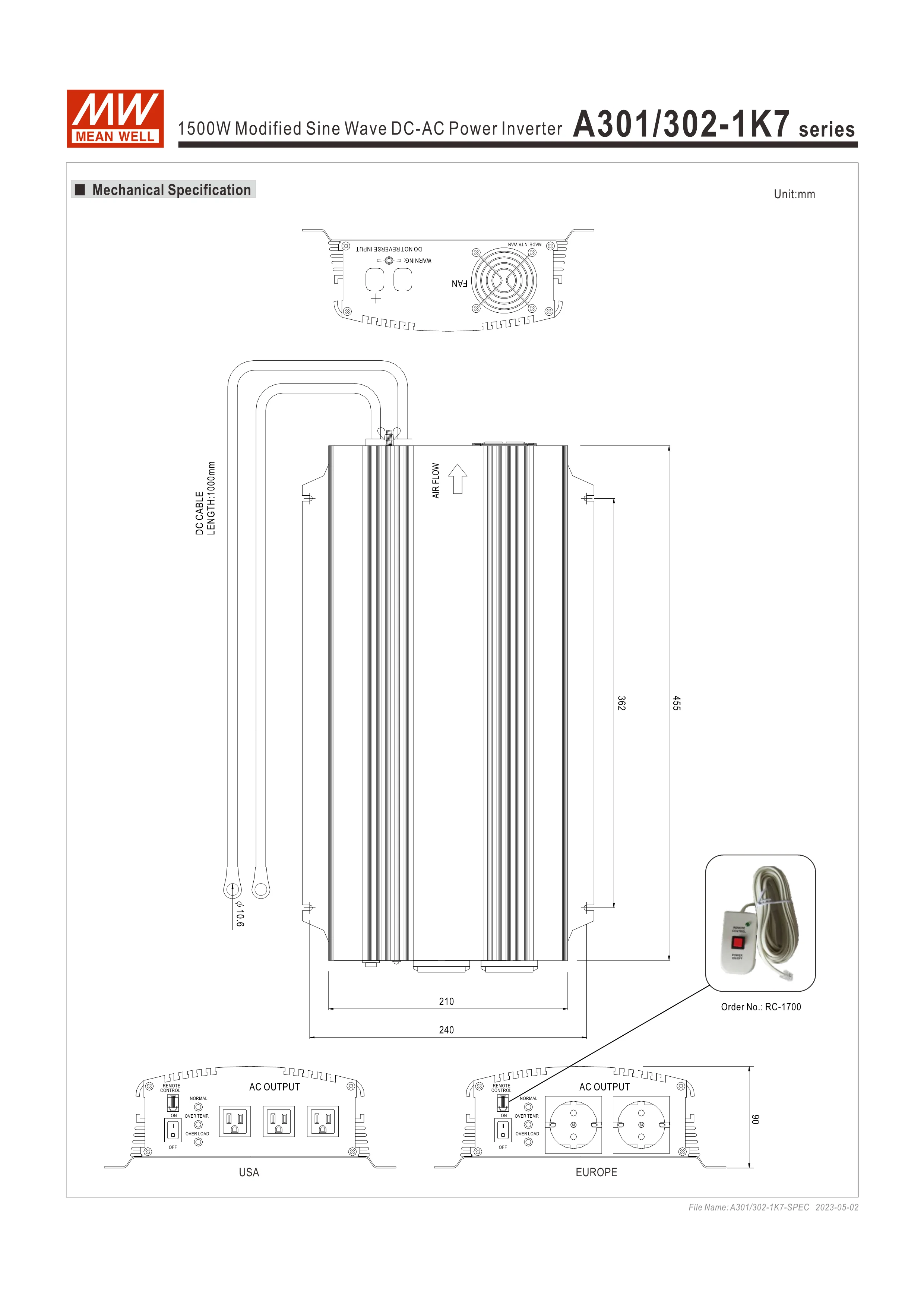 Original Meanwell A301 1k7 F3 1500w Modified Sine Wave Dc Ac Power Inverter Buy Meanwell A301 4936