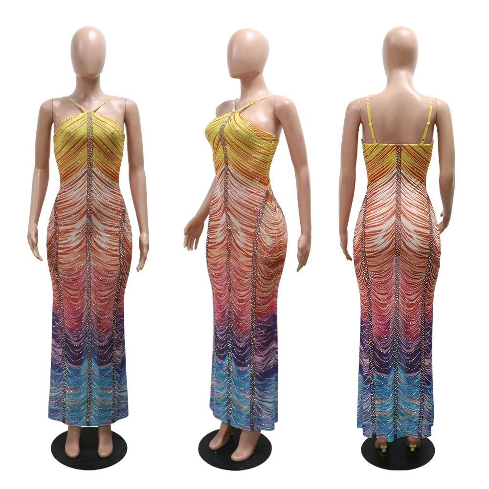 Restocked CY901412 Ombre Rhinestone Maxi Dress Sleeveless Printed Bodycon Rainbow Fish Woman Dresses 2026