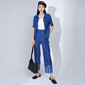 Women's Denim Style Pleated Set Fashionable 2-Piece Outfit With Single-Breasted Short-Sleeve Cardigan Top and Pleated Long Pants