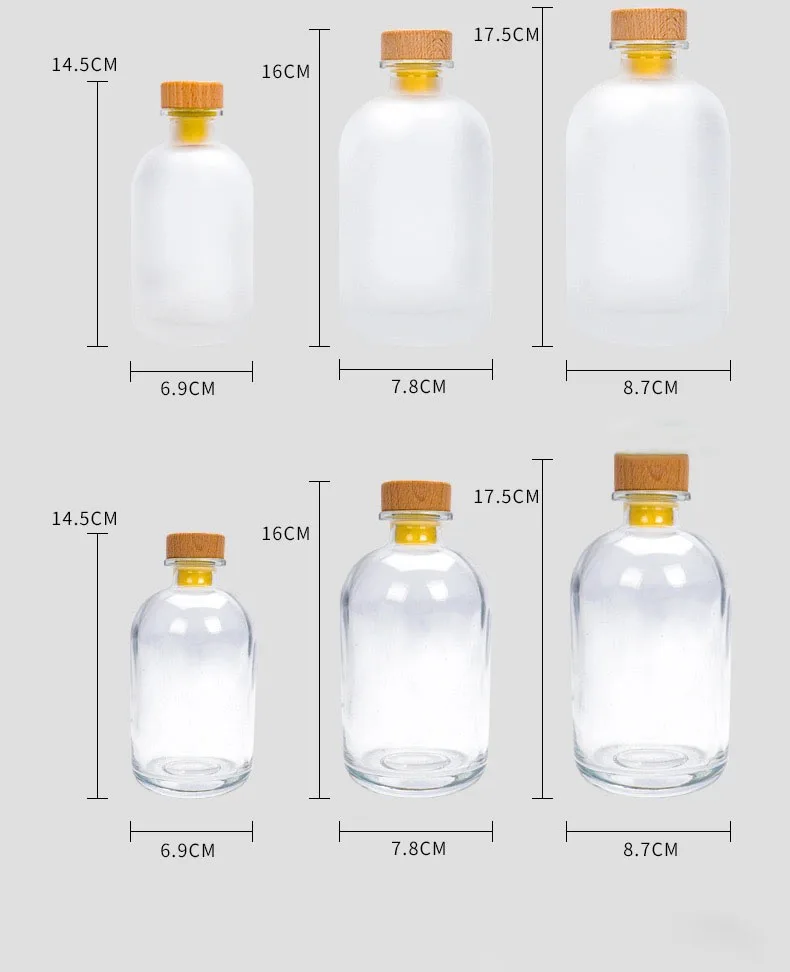 Fancy Round 100ml 250ml 375ml 500ml Clear Fruit Glass Wine Liquor Bottle With Cork Stopper