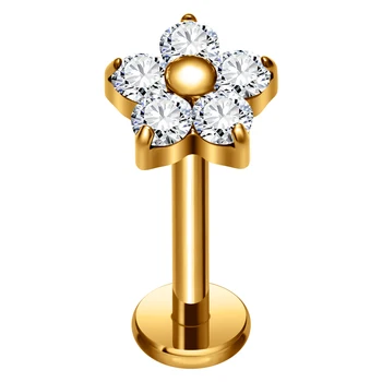 G23 Titanium Internal Thread Piercing Jewelry 16G Labret Lip Studs Floral CZ Inlay Cartilage Tragus Helix Earrings Body Jewelry