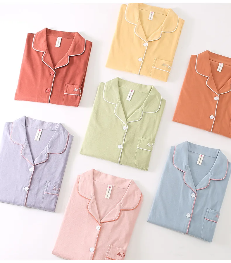 2021 New Solid Spring Sleepwear Set Long Sleeve Pajamas Pockets Home Clothes Casual Cute Nightsuits Pyjama Autumn Tops Pants