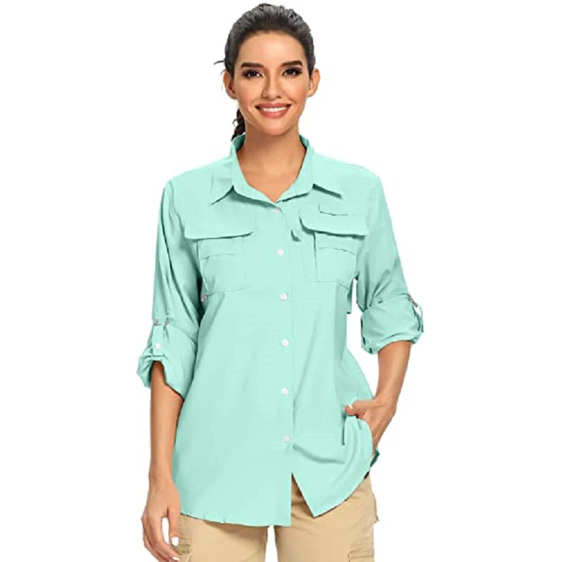 Ladies Women UPF 50+ Sun Protection Outdoor Long Sleeve Shirt Quick Dry Ventilation Lightweight Glasses Fabric Fishing Shirt