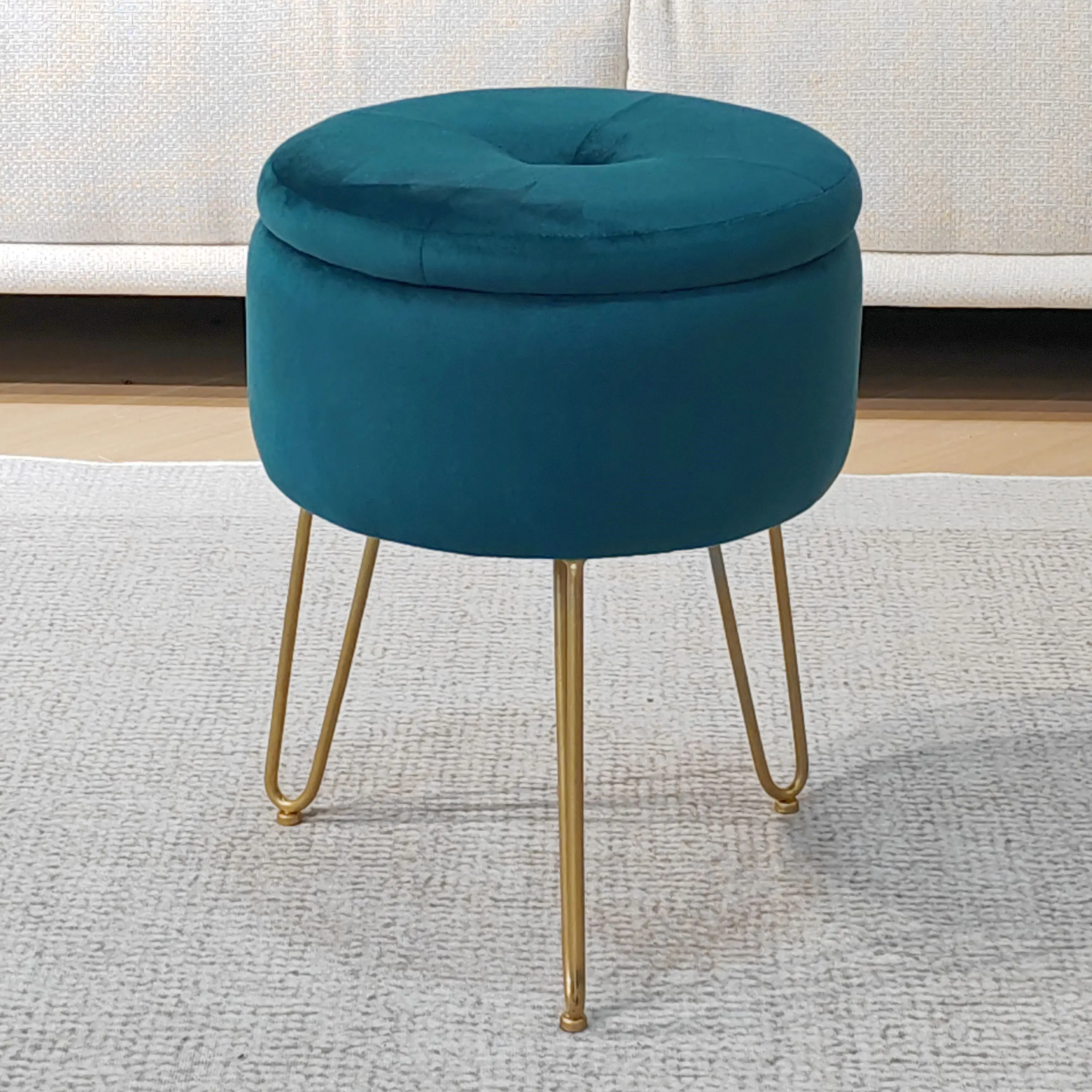 Bailey Modern Stool Velvet Sherpa Round Storage Pouf Metal Leg Footstool  Fabric Ottoman