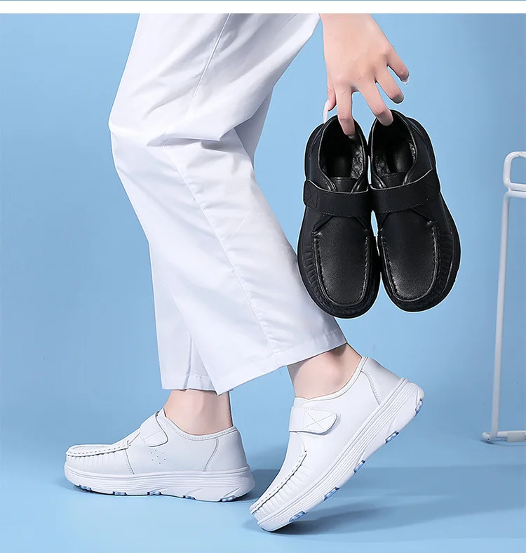 Comfortable Genuine Leather Nurse Shoes with Soft Soles and Breathable Velcro Fastening for Hospital&Home&Private Clinic
