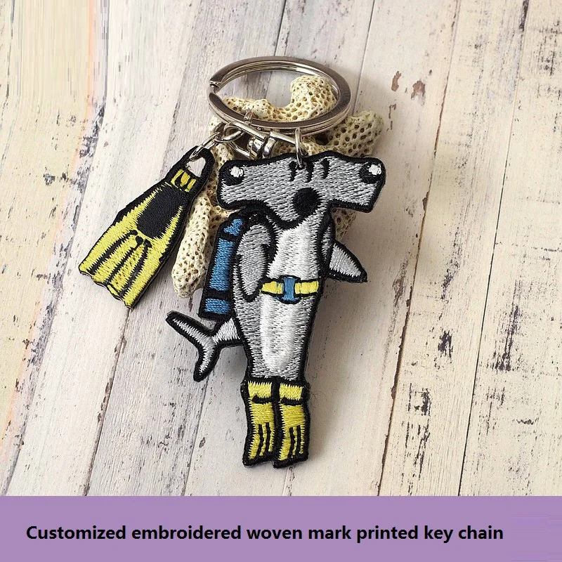 Customized Embroidered Woven Mark Printing Key Ring Life Jacket Surfing Diving Cartoon Shark Keychain